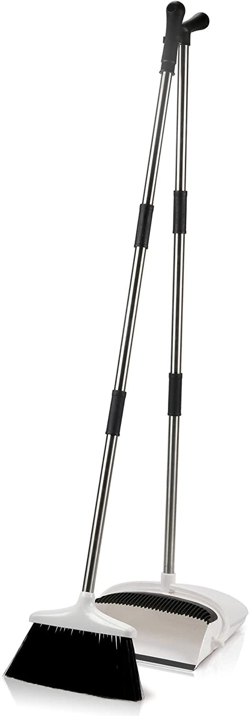 Broom and Dustpan Set - Premium Long Handled Broom Dustpan Combo - Upright Standing Lobby Broom and Dust Pan Brush w/ Handle - Great Edge, Lightweight and Robust