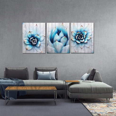 Canvas Wall Art for living room family bedroom Wall Decor modern wall decorations for kitchen Canvas art cactus blue flowers wall pictures Artwork 12" x 16" 3 Piece bathroom Home Decoration painting