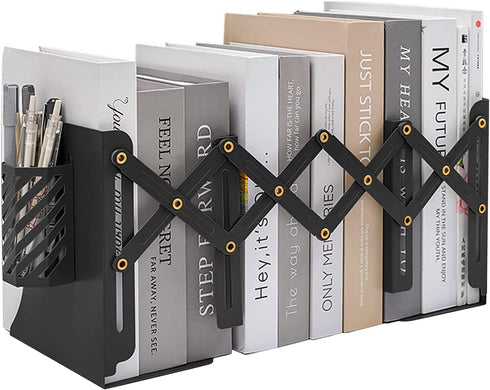 MSDADA Adjustable Bookends, Book Ends for Heavy Books, Expandable Book Organizer with Pen Holder for Desk, Shelf, Office, for 6 7 8 9-15 Boys and Girls, Extends up to 19 inches (Black)