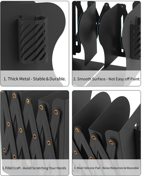 MSDADA Adjustable Bookends, Book Ends for Heavy Books, Expandable Book Organizer with Pen Holder for Desk, Shelf, Office, for 6 7 8 9-15 Boys and Girls, Extends up to 19 inches (Black)