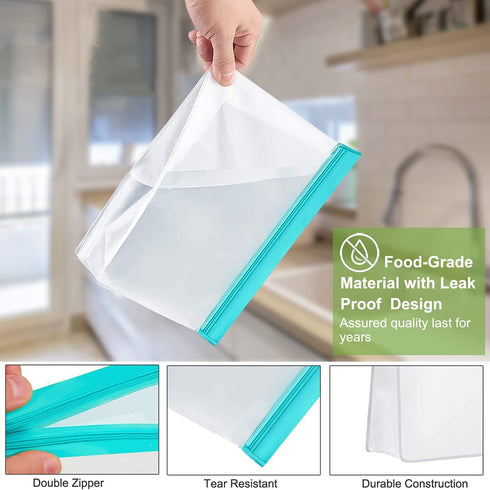 10 Pack Reusable Food Storage Bags & 6 Pack Silicone Stretch Lids Leakproof Silicone Stand Up Food Bags Extra Thick Food Grade BPA Free Freezer Bags for Lunch Sandwich Snack Meat Fruit