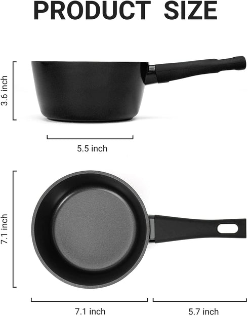 Sakuchi Sauce Pan with Lid 2 Quart Nonstick Small Cooking Soup Pot for Induction,Gas, Black