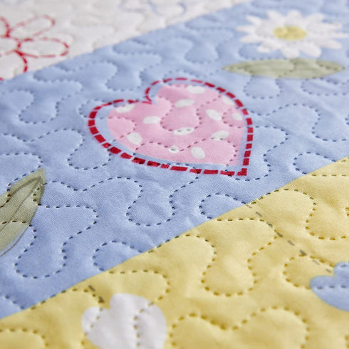 3-Piece Girls Floral Heart-Shaped Striped Quilt Set Twin with Shams,Blue Yellow White Stripe Daisy Flowers Bedspread Coverlet Bedding Set Lightweight Blanket Bed Cover for All Seasons (Blue,Twin)