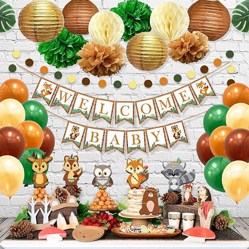 Ola Memoirs Woodland Animals Baby Shower Decorations for Boy or Girl, Gender Neutral Party Supplies Kit- Welcome Baby Banner, Forest Creatures Cut Out, Woodland Balloons, Pompoms, Leaves, Lanterns