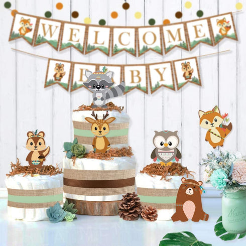 Ola Memoirs Woodland Animals Baby Shower Decorations for Boy or Girl, Gender Neutral Party Supplies Kit- Welcome Baby Banner, Forest Creatures Cut Out, Woodland Balloons, Pompoms, Leaves, Lanterns