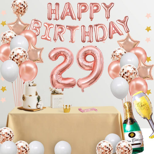 Fancypartyshop 29th Birthday Decorations - Rose Gold Happy Birthday Banner and Sash with Number 29 Balloons Latex Confetti balloons Ideal for Girl and Women 29 Years Old Birthday Rose Gold