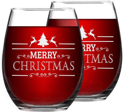 Set of 2 Christmas Wine Glasses, Merry Christmas Stemless Wine Glasses Set, Christmas New Year Gifts for Friends Family Women Men, Christmas Decoration for Christmas Party Couple Party Use 15Oz