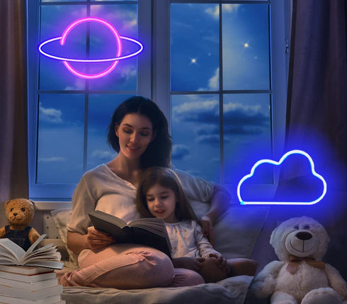 Werfeito 2 Pack Cloud Planet Neon Signs Neon Lights for Wall Decor, USB or Battery Operated LED Neon Sign for Bedroom, Decorative Neon Light Sign for Bar, Living Room, Christmas, Birthday, Wedding