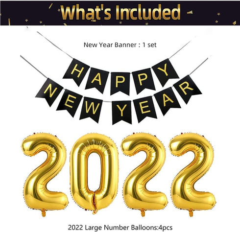 DUILE 72pc/set Happy New Year Decorations 2022 New Years Eve Party Decorations Supplies Include Paper Flower New Year Banner Balloons Curtains Foil Star Balloons for Happy New Year Party
