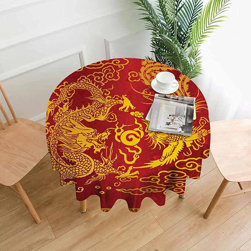 IBILIU Beautiful Dragon and Phoenix Round Tablecloth 60 Inch,Waterproof Washable Wrinkle Resistant Table Cover Harmony Marriage Golden Red Table Clothes for Dining Table Christmas Halloween Holiday