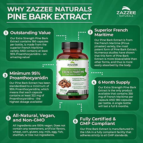 Zazzee Extra Strength French Maritime Pine Bark Extract, 350 mg Per Capsule, 180 Vegan Capsules, 95% Proanthocyanidins, 6 Month Supply, Non-GMO and All-Natural