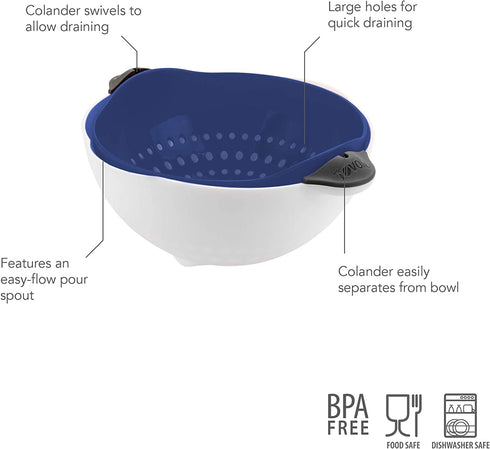 Tovolo Soak N' Strain Colander, Easy-Pour Spout 1.5 Quart Food Strainer, 2-in-1 Strainer & Soaking Bowl, Fruit Bowl & Vegetable Wash, BPA-Free & Dishwasher-Safe, Deep Indigo