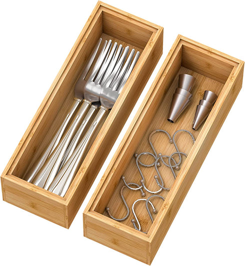 Bamboo Drawer Organizer Storage Box Kitchen - Wood Stackable Tray Set of 2(9x3x2 inch)