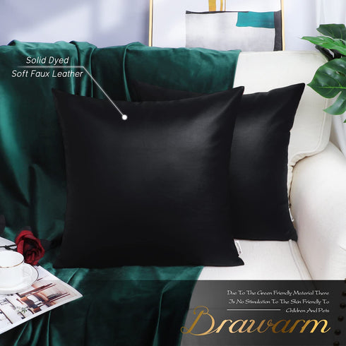 BRAWARM Pack of 2 Black Leather Throw Pillows 20 X 20 Inches, Black Faux Leather Decorative Throw Pillow Covers for Living Room Home Decor Garden Couch Bed Sofa