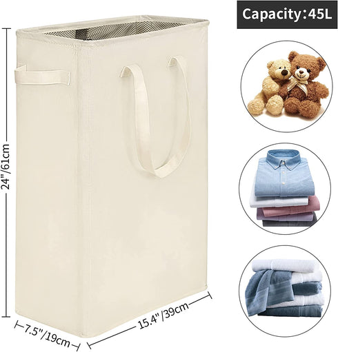 YIFAMIJOY 45L Slim Laundry Hamper Collapsible Thin laundry Baskets with Handles Narrow Dirty Clothes Hamper for Clothing Toys Organization White