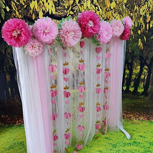 Mybbshower Gold Pink 3D Paper Heart Crown Garland Girl Princess Birthday Party Nursery Room Decor Balloon Tail Pack of 5