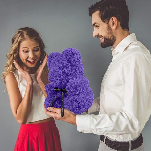 Qivange Rose Bear Rose Teddy Bear Best Gift for Valentines Day, Anniversary, Birthdays & Bridal Showers 10 inch (Purple)
