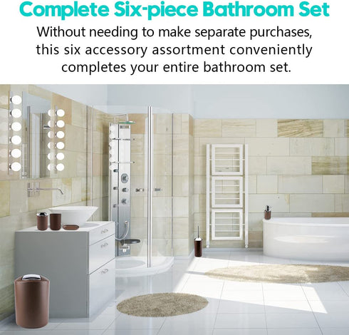 Papillon Bathroom Accessories Set-6 Piece Plastic Gift Set Toothbrush Holder,Toothbrush Cup,Soap Dispenser,Soap Dish,Toilet Brush Holder,Trash Can,Tumbler Straw Set Bathroom (Coffee)