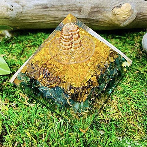 Opulent Crystals - Attract Abundance ORGONITE Pyramid - Green Aventurine - Tigers Eye - Citrine- Clear Quartz Energy Point Reiki Charged Crown Chakra Healing Meditation