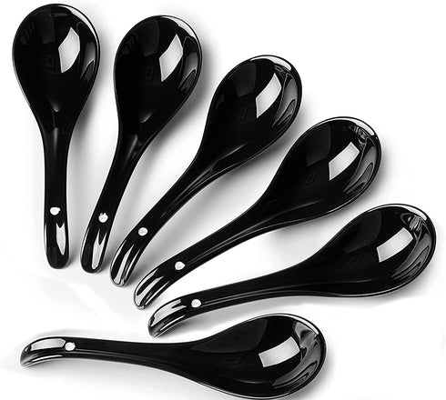 Chinese Soup Spoons Ceramic Asian Japanese Serving Spoon QHC KOCK 6.8 Inch Deep Porcelain Pho Spoon for Home Kitchen Supplies, Ramen Wonton Dumpling Miso, Noodle, Wontons (6.8 inch set of 6 Black)