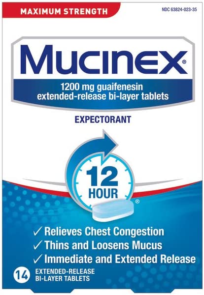 Chest Congestion, Mucinex Maximum Strength 12 Hour Extended Release Tablets, 14ct, 1200 mg Guaifenesin with extended relief of chest congestion caused by excess mucus, thins and loosens mucus