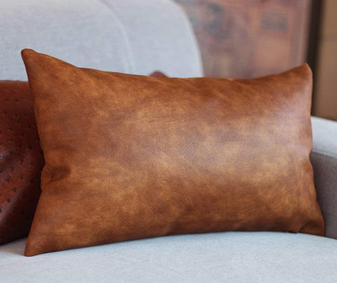 Kdays Thick Brown Faux Leather Lumbar Pillow Cover Cognac Leather Decorative Throw Pillow Case Farmhouse Rectangular Sofa Couch Cushion Covers Modern Minimalist Vegan Pillow Cover 12x20 Inches