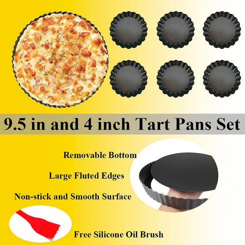 8 Pack Tart Pan 9.5 Inch & 4 Inch Mini Tart Pans Removable Bottom Quiche Pan Non-Stick Deep Baking Dish Pie Pan Heavy Duty Carbon Steel for Mousse Cakes, Dessert Baking- 1 Silicone Oil Brush