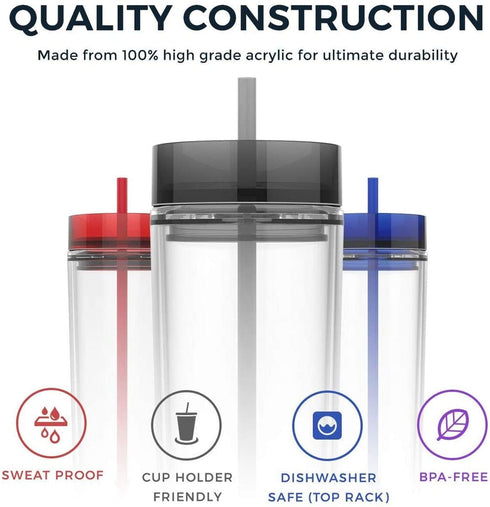 Maars Drinkware Double Wall Insulated Skinny Acrylic Tumblers with Straw and Lid, 16 oz. (4 pack, Clear)