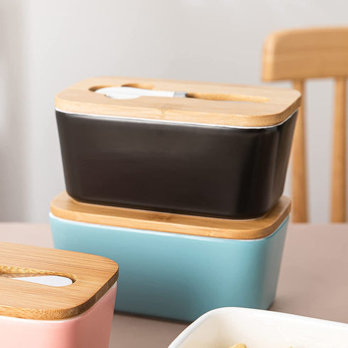 Porcelain Butter Dish with Knife & Wooden Lid, Candiicap Airtight Butter Keeper for Countertop, Large Butter Holder for East West Coast Butter(Matte Black)