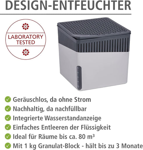 WENKO Portable Dehumidifier, Compact and Rechargeable, Moisture Absorber for Bathroom, Bedroom, Garage, Closet, 2800 Cubic Feet, 2.2lbs, Gray, 6.18 x 6.5 x 6.5, Large