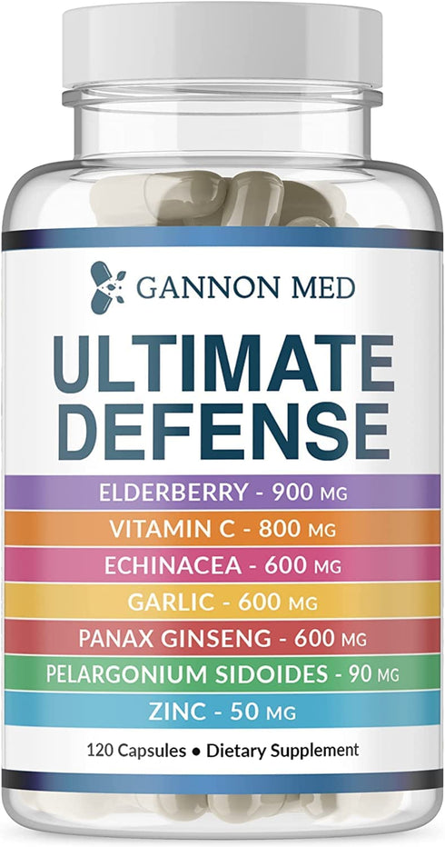 Gannon Med Ultimate Defense Immunity Vitamins for Adults and Kids — Immune Defense Capsules with Elderberry, Vitamin C, Echinacea, Garlic, Panax Ginseng and Zinc — 120 Caps