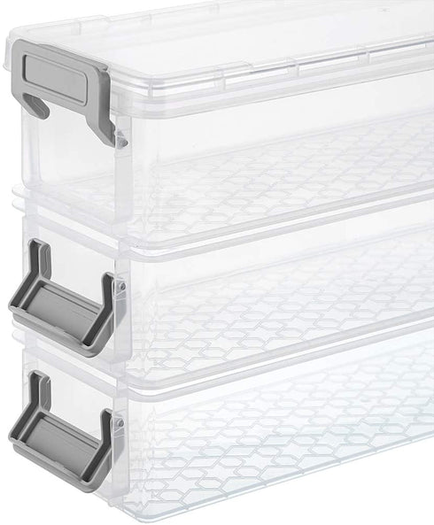 BTSKY Long Plastic Stackable Box Home, Office Supplies Storage Organizer Box Pencil Box Plastic Organizer Holder for Gel Pens Erasers Tape Pens Pencils Markers etc- 3 Pack - Clear with Grey Clip
