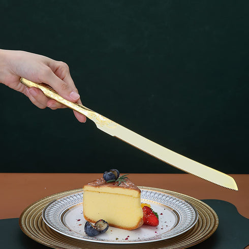 Berglander Gold Wedding Cake Knife and Server Set, Titanium Gold Plating With Unique Pattern Design Cake Cutter Serving Set Perfect For Wedding, Birthday, Parties and Events Dishwasher Safe