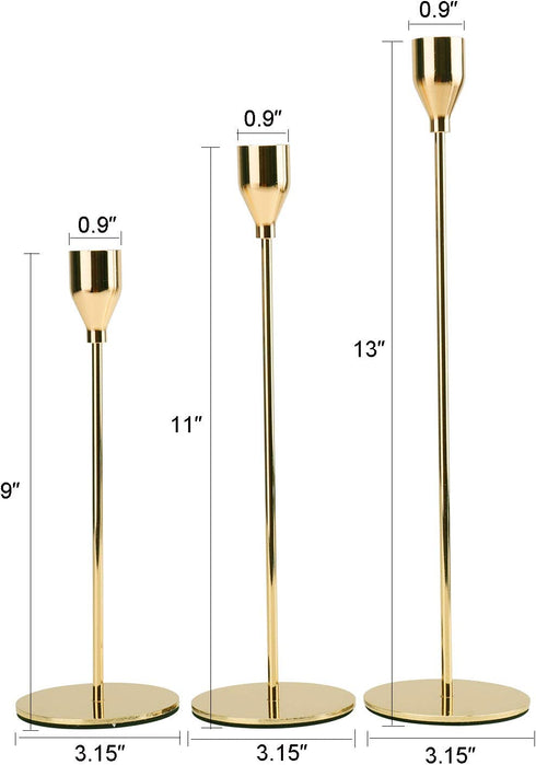 Suwimut Set of 3 Gold Candle Holders for Tapered Candles, Table Decorative Candlestick Holders Metal Candle Stand Fits 3/4 Inch Slim Candles and Led for Dining Party Wedding