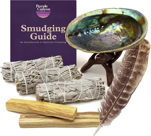 Purple Canyon Smudge Kit (Beginner's Gift Set) - 3 White Sage Smudge Sticks, 2 Palo Santo, Abalone Shell, Smudge Feather w/ Stand + Smudging Guide for Home Cleansing & Healing Meditation Rituals