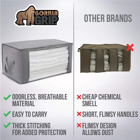 Gorilla Grip Large Capacity 3 Pack Clothes Storage Bag Organizer, 90L, Reinforced Handles, Thick Fabric for Blankets, Bedding, Clothing, Foldable Zipper Container Bags, Clear Window Closet Totes, Gray