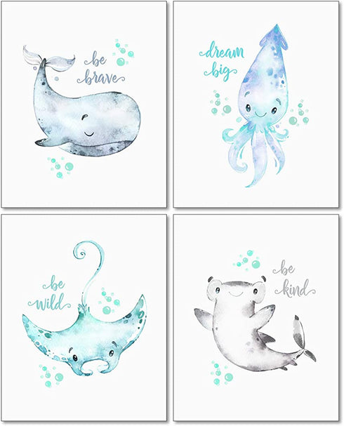 Confetti Fox Sea Nursery Pictures Wall Art Decor - 8x10 Unframed Set of 4 Prints - Kids Ocean Life Baby Animals - Whale Octopus Stingray Shark