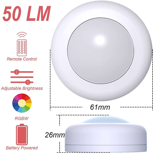 HFCDL LED Puck Lights with Remote Control, 50lm Wireless RGBW Color Changing Closet Battery Light, 13 Colors Stick-on Under Cabinet Lighting, with Dimmable Function ?6-Pack?