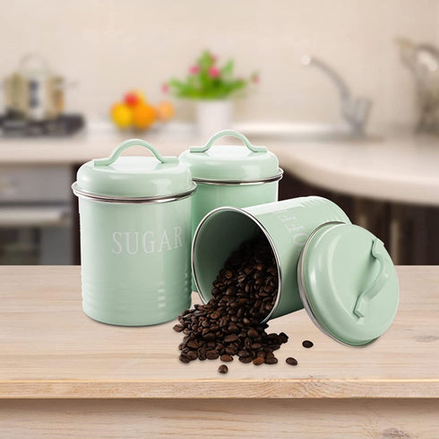 Fasmov 3 Pack Airtight Kitchen Canister Decorations with Lids, Turquoise Metal Rustic Farmhouse Country Decor Containers for Sugar Coffee Tea Storage, Green