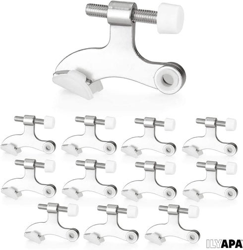 Ilyapa 12 Pack Hinge Pin Satin Nickel Door Stops -Heavy Duty Adjustable Door Stopper 2-1/2" x 1-3/4,with White Rubber Bumper Tips