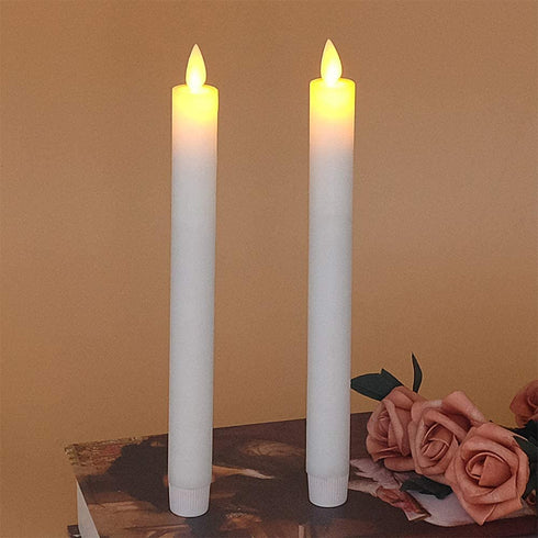 DRomance White Flameless Taper Candles with Remote and Timer, Moving Wick LED Flickering Window Candles Battery Operated 0.78 x 9.5 Inches Real Wax Amber Yellow Christmas Decoration Candles Set of 2