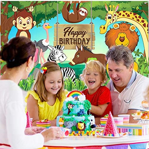 Jungle Animal Theme Birthday Party Decorations, Extra Large Fabric Safari Animal Elements Printed Happy Birthday Backdrop Funny Cartoon Forest Banner Background for Birthday Party Supplies, 6 x 3.6ft