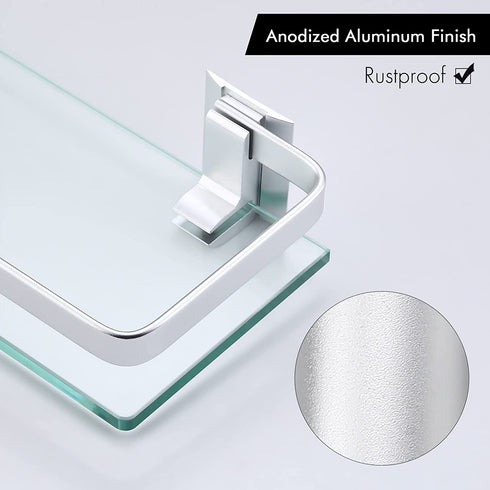 KES Aluminum Bathroom Glass Shelf Tempered Glass Rectangular 1 Tier Extra Thick Silver Wall Mounted, A4126A