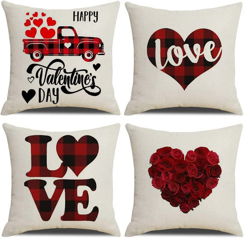 Valentine's Day Pillow Covers 18x18 Set of 4 Buffalo Plaid Heart Love Pillow Cases Sofa