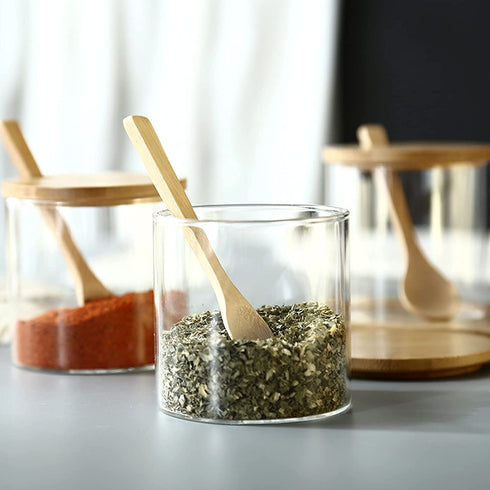 2 Sets 300ML/10Oz Clear Glass Jar with Bamboo Lid and Wooden Spoon, Cute Sugar Bowl Bath Salt Storage Canister Seasoning Container Condiment Pot with Scoop for Spice, Pepper for Kitchen, Countertop