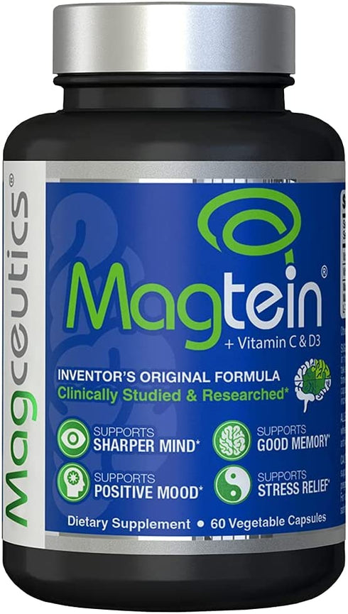 Magtein Magnesium L- Threonate - Bioavailable and 100% Water Soluble Magnesium - Clear Brain Fog, Improve Memory, Focus and Attention, Support Sleep and Mood – 30 Day Supply- 60 ct. Veggie Capsules
