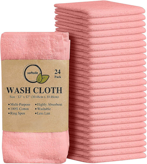 Softolle 100% Cotton Ring Spun Wash Cloths Bulk Pack of 24 Pieces Washcloths 12x12 Inches Wash Cloth for Face, Highly Absorbent, Soft and Face Towels (Pink)