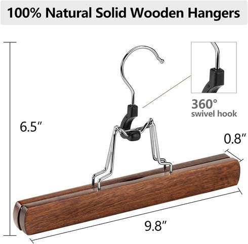 AMKUFO 12 Pack Wooden Pants Hangers with Clips Non Slip Skirt Hangers Walnut Trouser Clamp Hanger Solid Wood Hanger with 360° Swivel Hook
