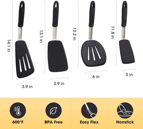 MICHELANGELO Silicone Spatula Set, Spatula Turner, Spatulas Silicone Heat Resistant, Large Spatulas for Nonstick Cookware, Turner Spatulas for Kitchen Use, Black Spatula 4-Piece