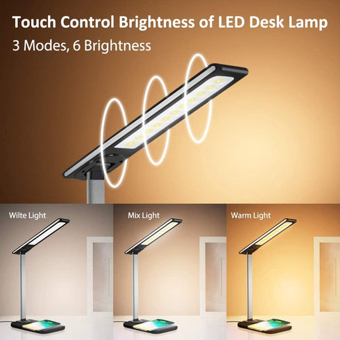 GSBLUNIE LED Desk Lamp,Wireless Charging Desk lamp,USB Charging Port,3 Lighting Modes,6 Brightness Levels,Dimmable Eye-Caring Desk Light for Christmas Gift,Office,Home,Dormitory(Adapter Included)